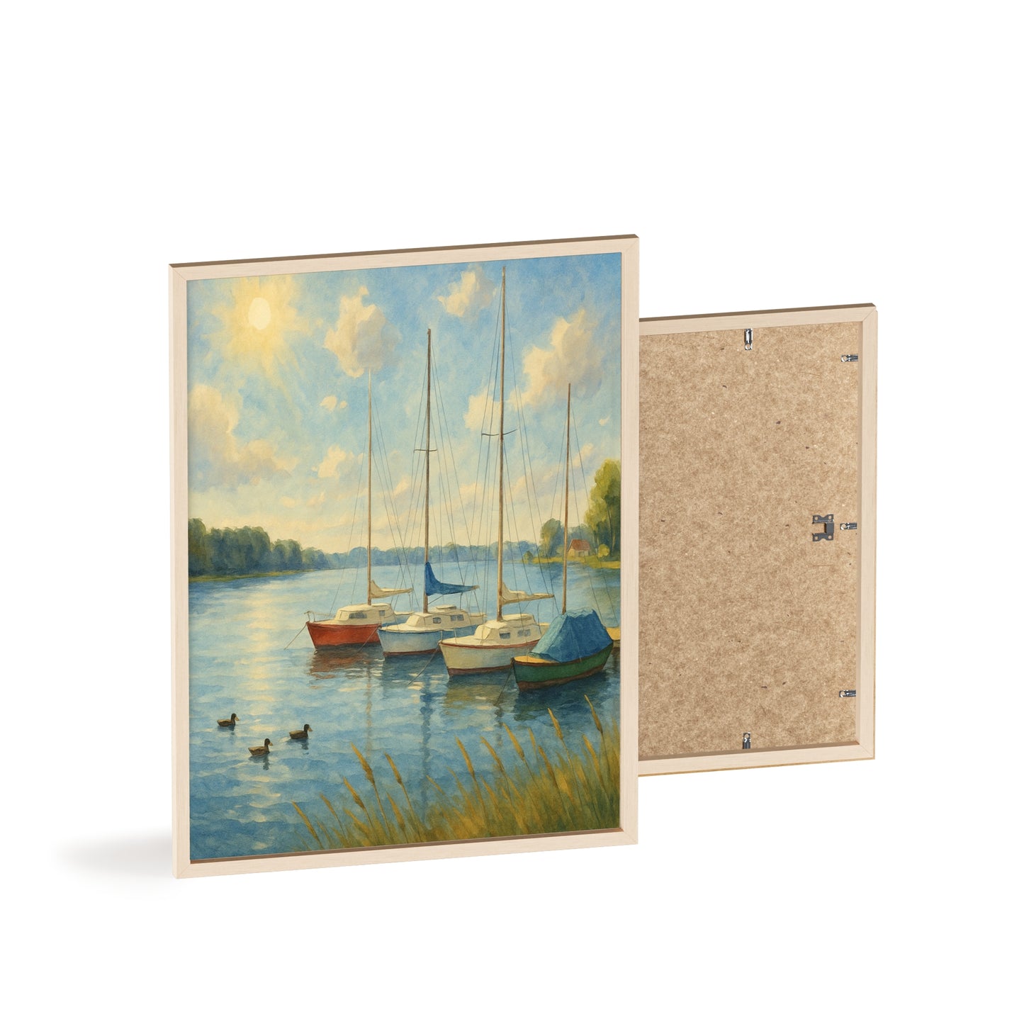 Tranquil Lake Scene Poster with Wooden Frame, Nautical Wall Art, Boat Decor, Home Office Decoration, Gift for Sailors