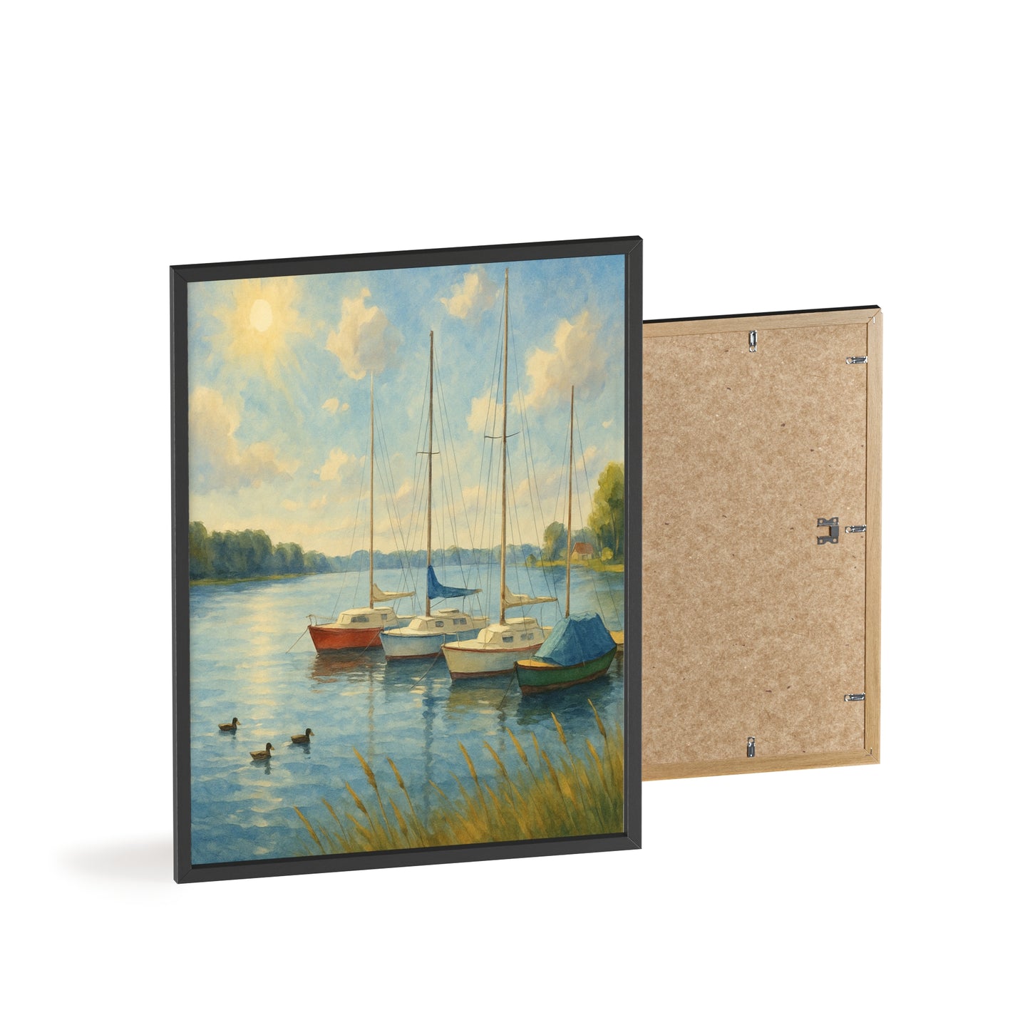 Tranquil Lake Scene Poster with Wooden Frame, Nautical Wall Art, Boat Decor, Home Office Decoration, Gift for Sailors