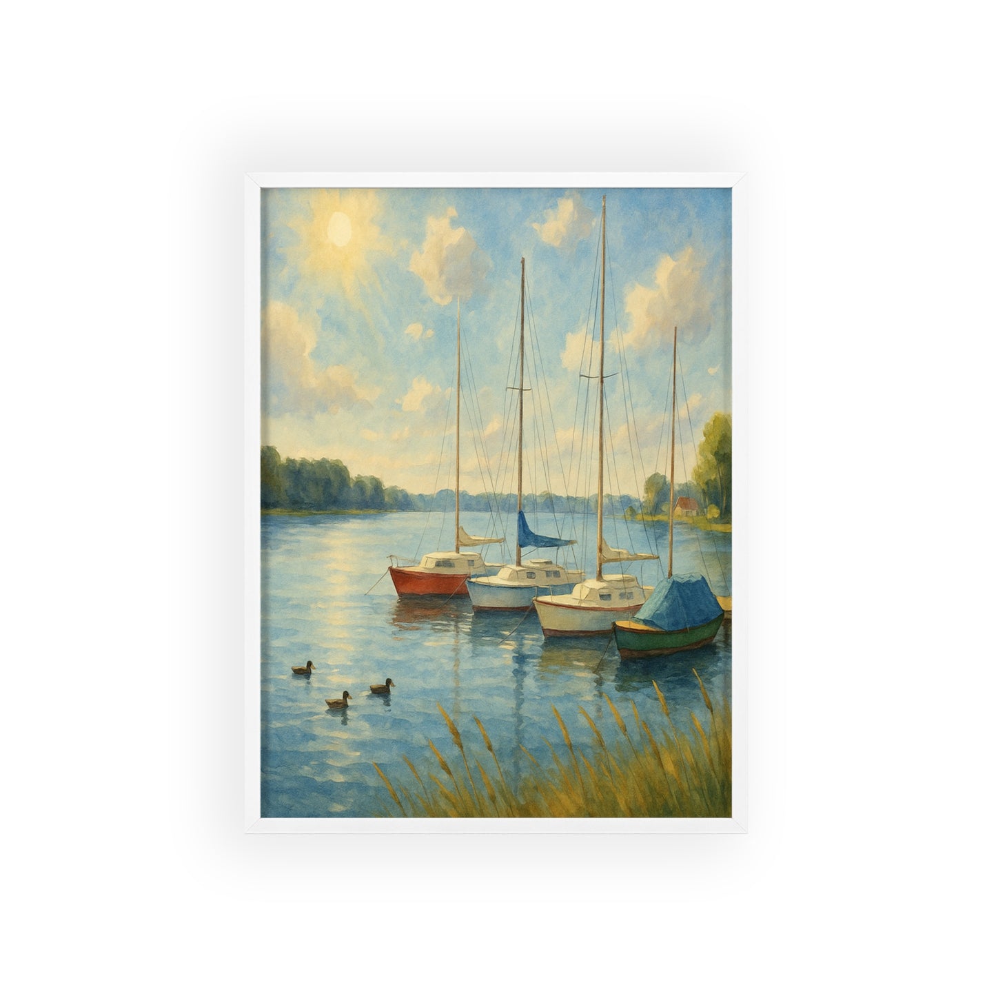 Tranquil Lake Scene Poster with Wooden Frame, Nautical Wall Art, Boat Decor, Home Office Decoration, Gift for Sailors