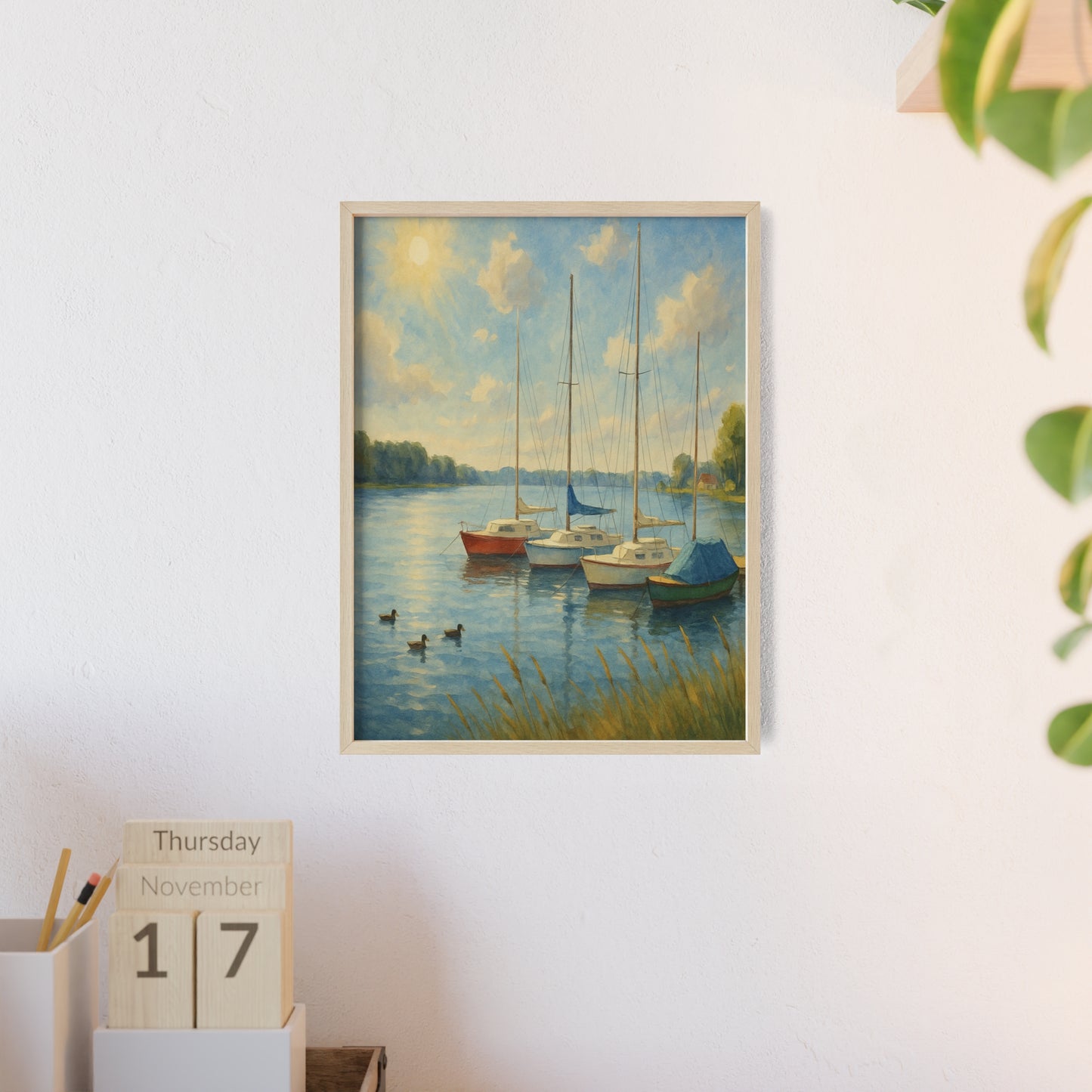 Tranquil Lake Scene Poster with Wooden Frame, Nautical Wall Art, Boat Decor, Home Office Decoration, Gift for Sailors