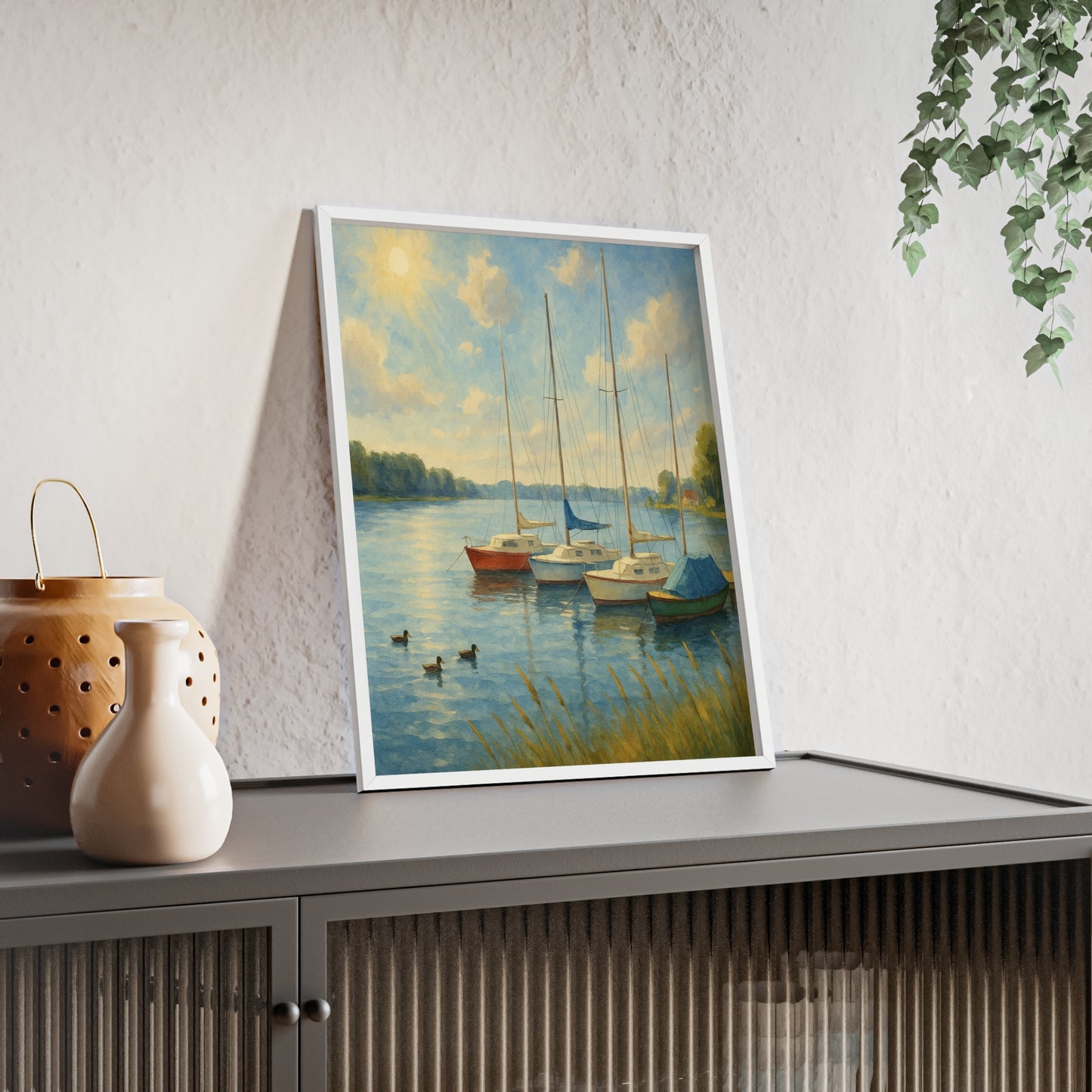 Tranquil Lake Scene Poster with Wooden Frame, Nautical Wall Art, Boat Decor, Home Office Decoration, Gift for Sailors