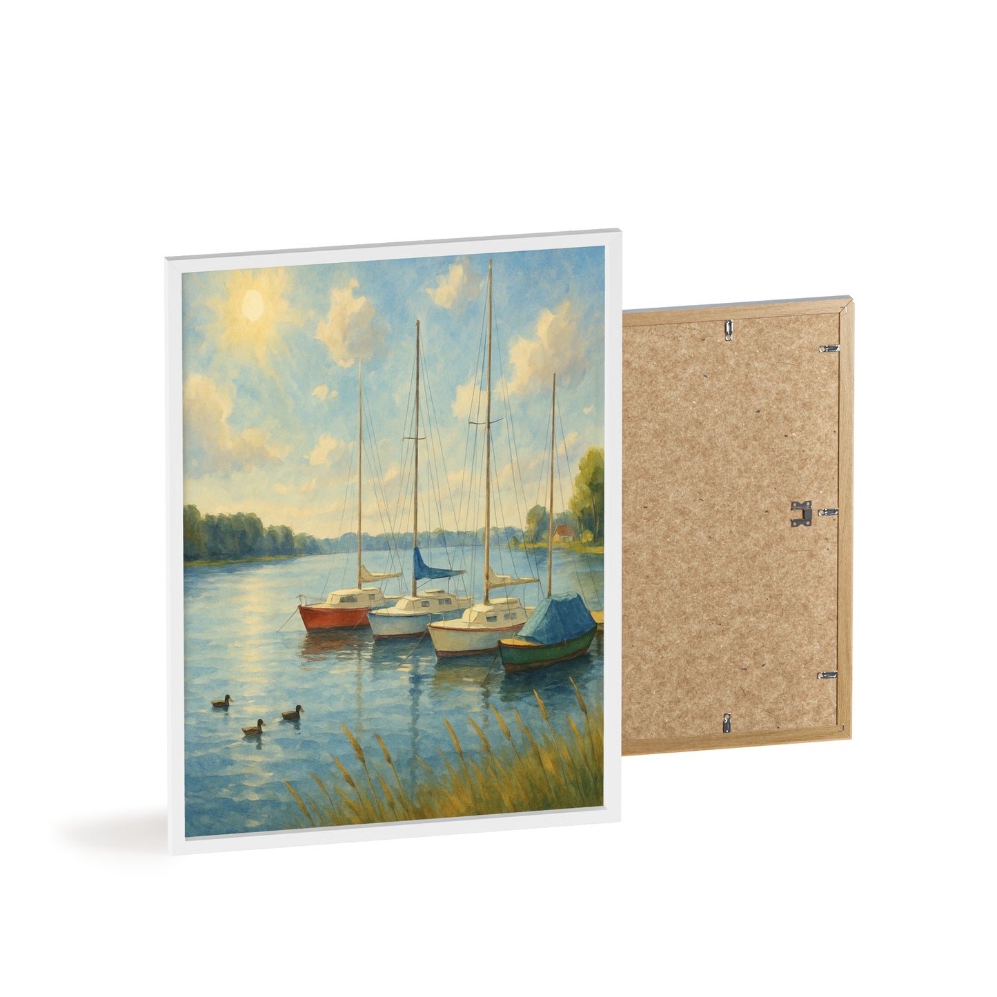 Tranquil Lake Scene Poster with Wooden Frame, Nautical Wall Art, Boat Decor, Home Office Decoration, Gift for Sailors