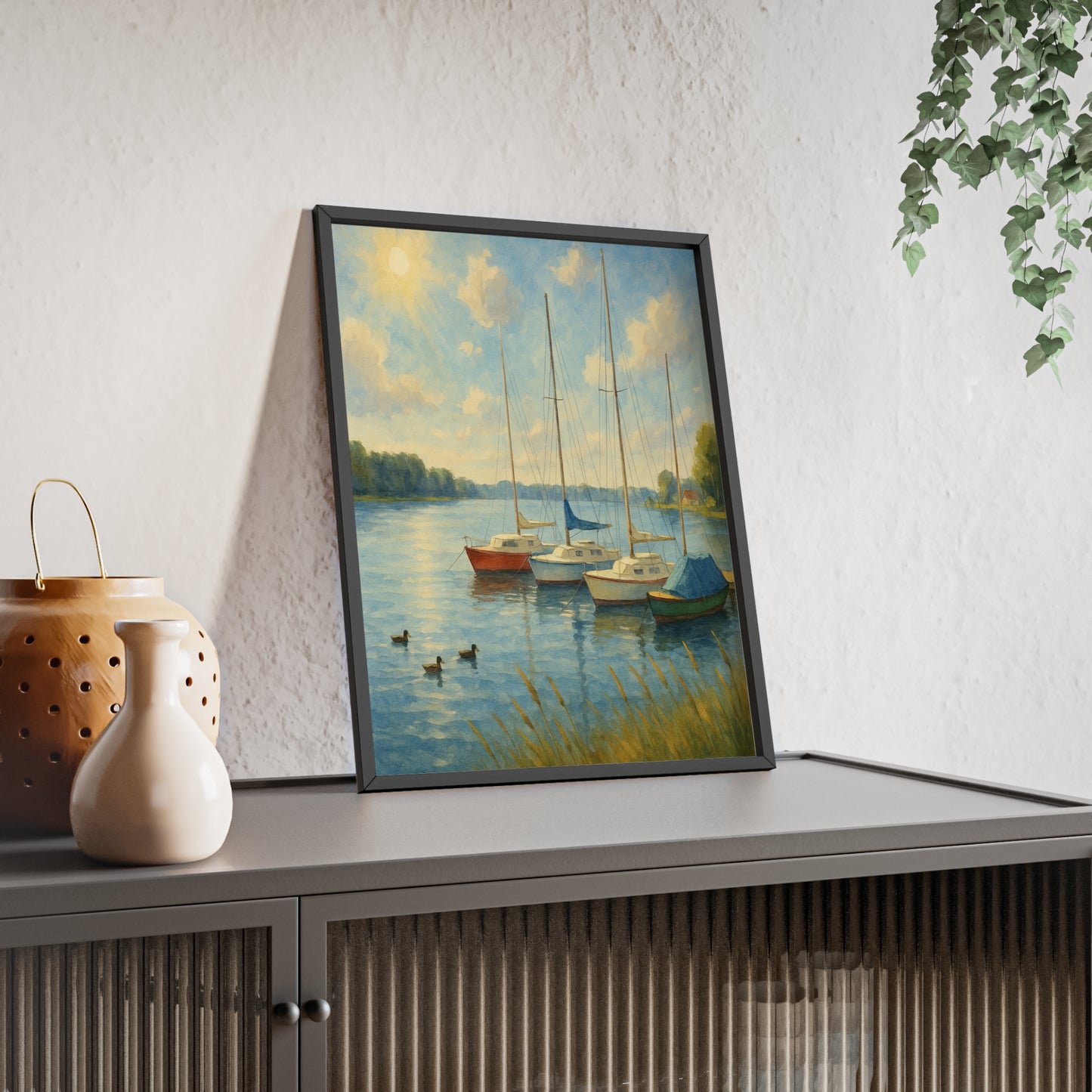 Tranquil Lake Scene Poster with Wooden Frame, Nautical Wall Art, Boat Decor, Home Office Decoration, Gift for Sailors