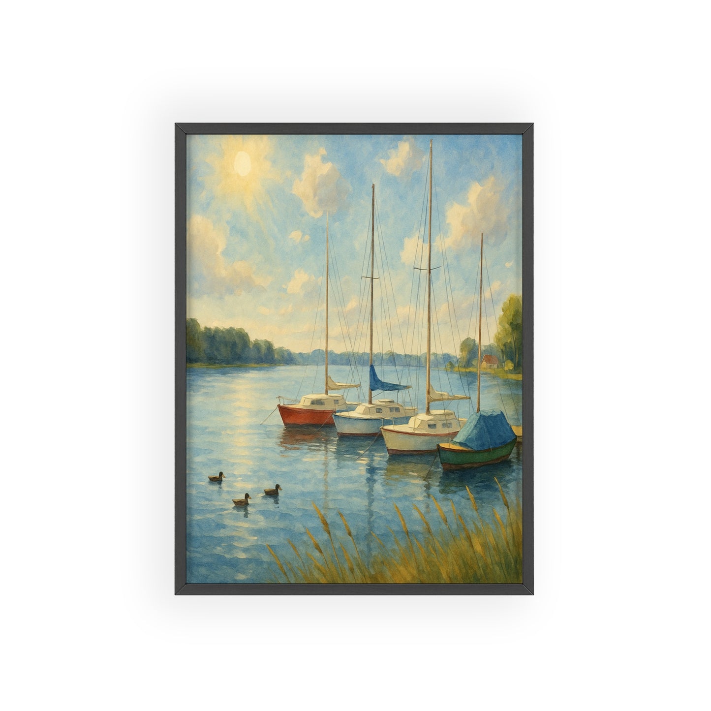 Tranquil Lake Scene Poster with Wooden Frame, Nautical Wall Art, Boat Decor, Home Office Decoration, Gift for Sailors