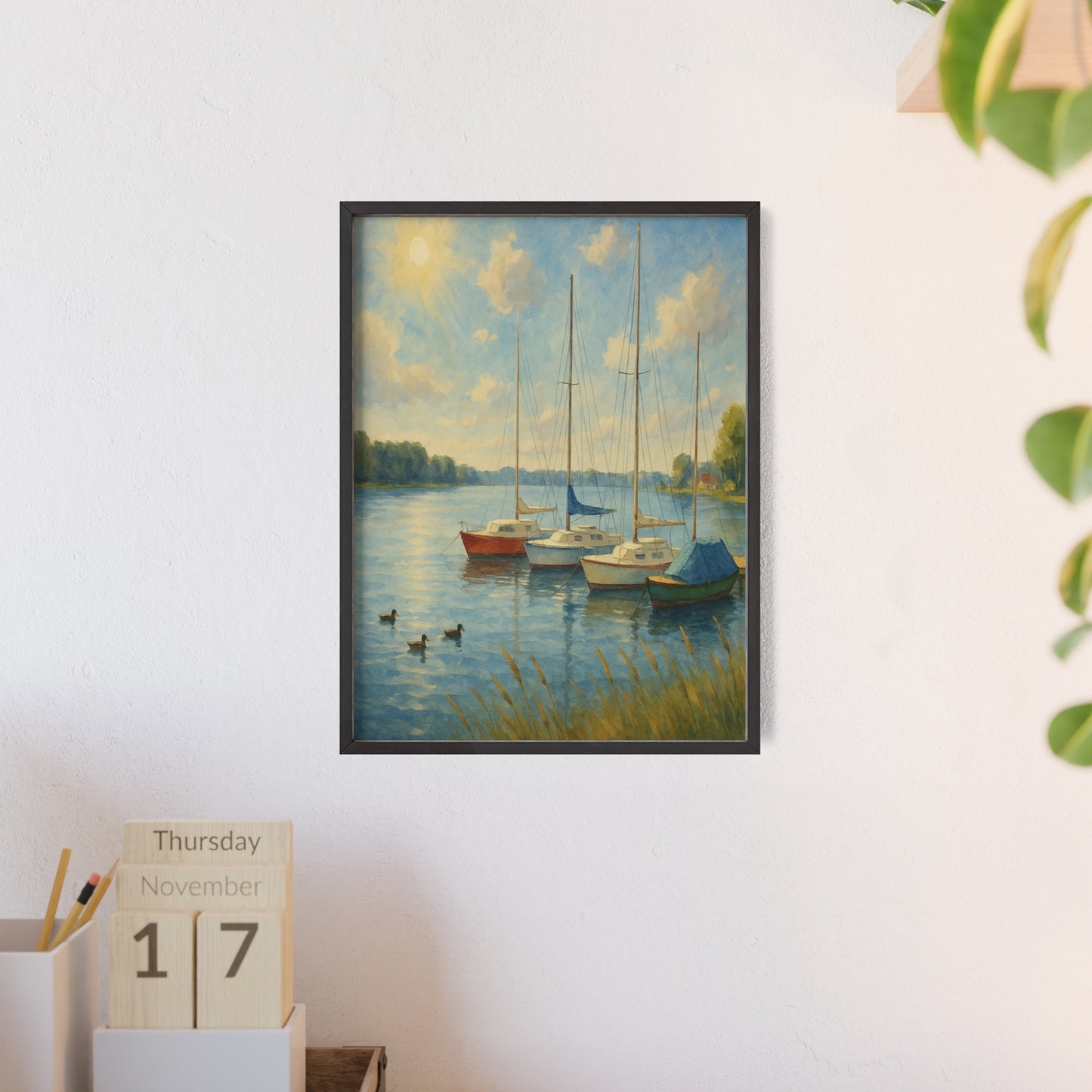 Tranquil Lake Scene Poster with Wooden Frame, Nautical Wall Art, Boat Decor, Home Office Decoration, Gift for Sailors