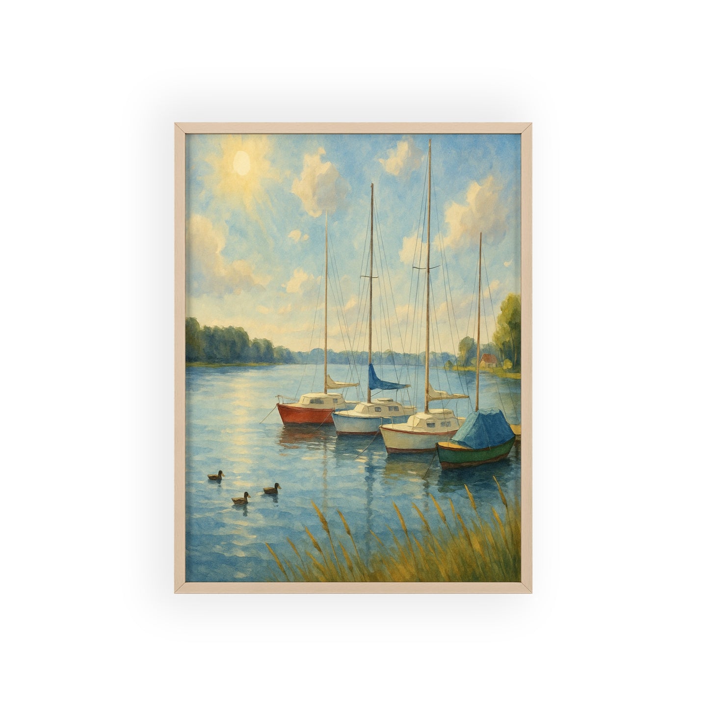 Tranquil Lake Scene Poster with Wooden Frame, Nautical Wall Art, Boat Decor, Home Office Decoration, Gift for Sailors