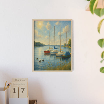 Tranquil Lake Scene Poster with Wooden Frame, Nautical Wall Art, Boat Decor, Home Office Decoration, Gift for Sailors