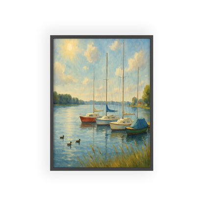 Tranquil Lake Scene Poster with Wooden Frame, Nautical Wall Art, Boat Decor, Home Office Decoration, Gift for Sailors