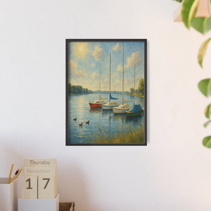 Tranquil Lake Scene Poster with Wooden Frame, Nautical Wall Art, Boat Decor, Home Office Decoration, Gift for Sailors