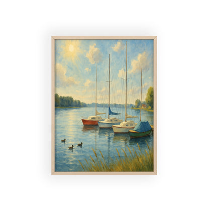 Tranquil Lake Scene Poster with Wooden Frame, Nautical Wall Art, Boat Decor, Home Office Decoration, Gift for Sailors